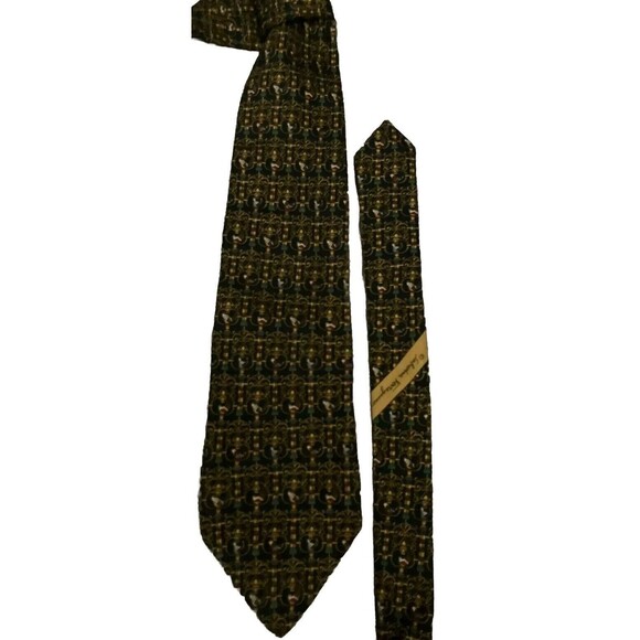 Salvatore Ferragamo Necktie Red Green Gold Ornate Bird Design on Navy Blue Rare - Picture 2 of 5